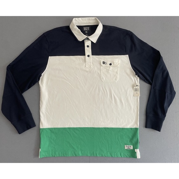 NWT Nautica Men XXL Rugby Polo Shirt Long Sleeve Anchor Sailing Logo Color Block - Picture 1 of 12